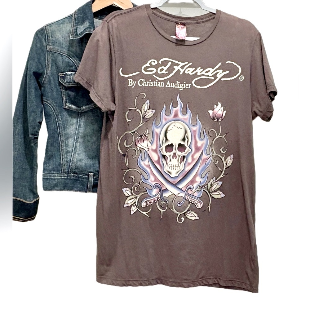 Y2K Ed Hardy Swords Flaming Skull Love Kills Vintage Collection Tee
